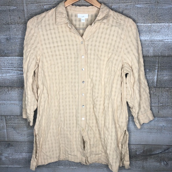 J Jill beige cotton grid button down lightweight shirt - Picture 1 of 4